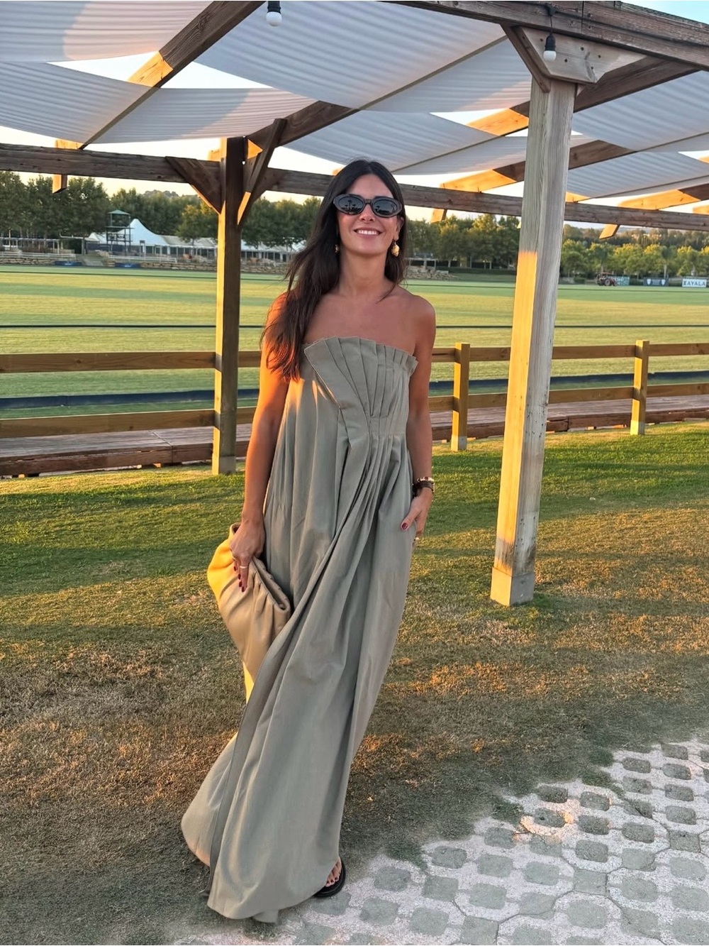 Zara Strapless Olive Maxi Dress with Pleated Bodice